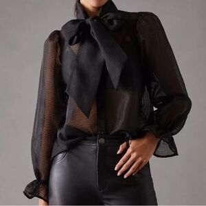 Stella Nova black ribbed button-front Erina bow blouse